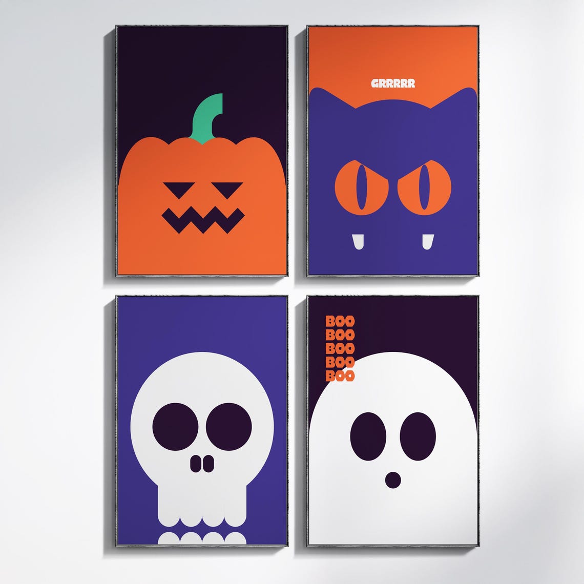 Minimalist Halloween Print Set Pumpkin Skull Cat