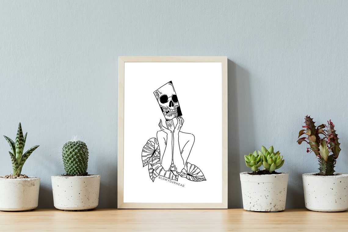 Overthinking Skull Head Woman Leaves Dark Surreal Line Art Poster - Image 4