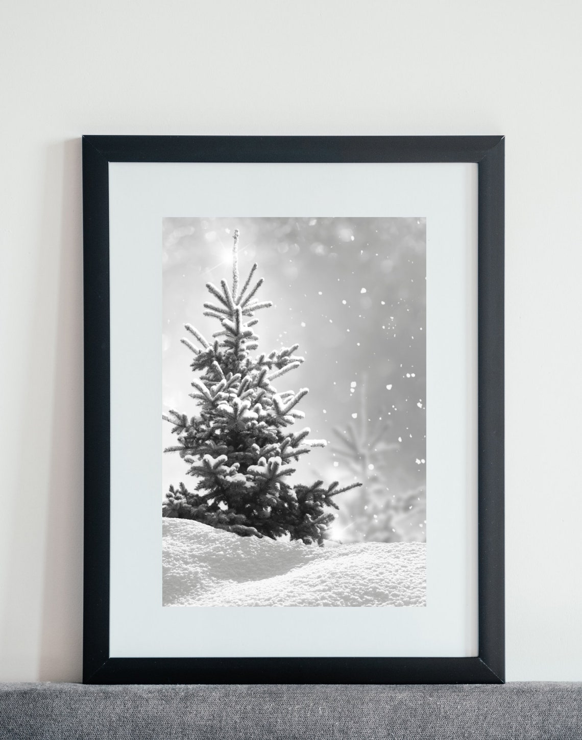Snowy Evergreen Tree Black White Winter Christmas Photography Poster - Image 4
