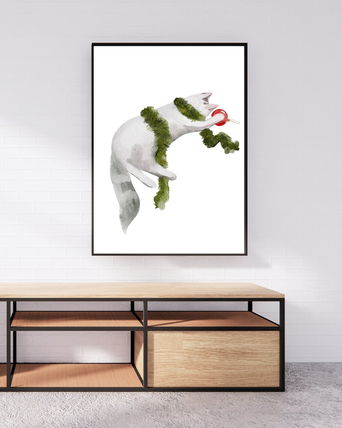 Christmas Cat Tangled in Garland Watercolor Holiday Kitty Poster - Image 2