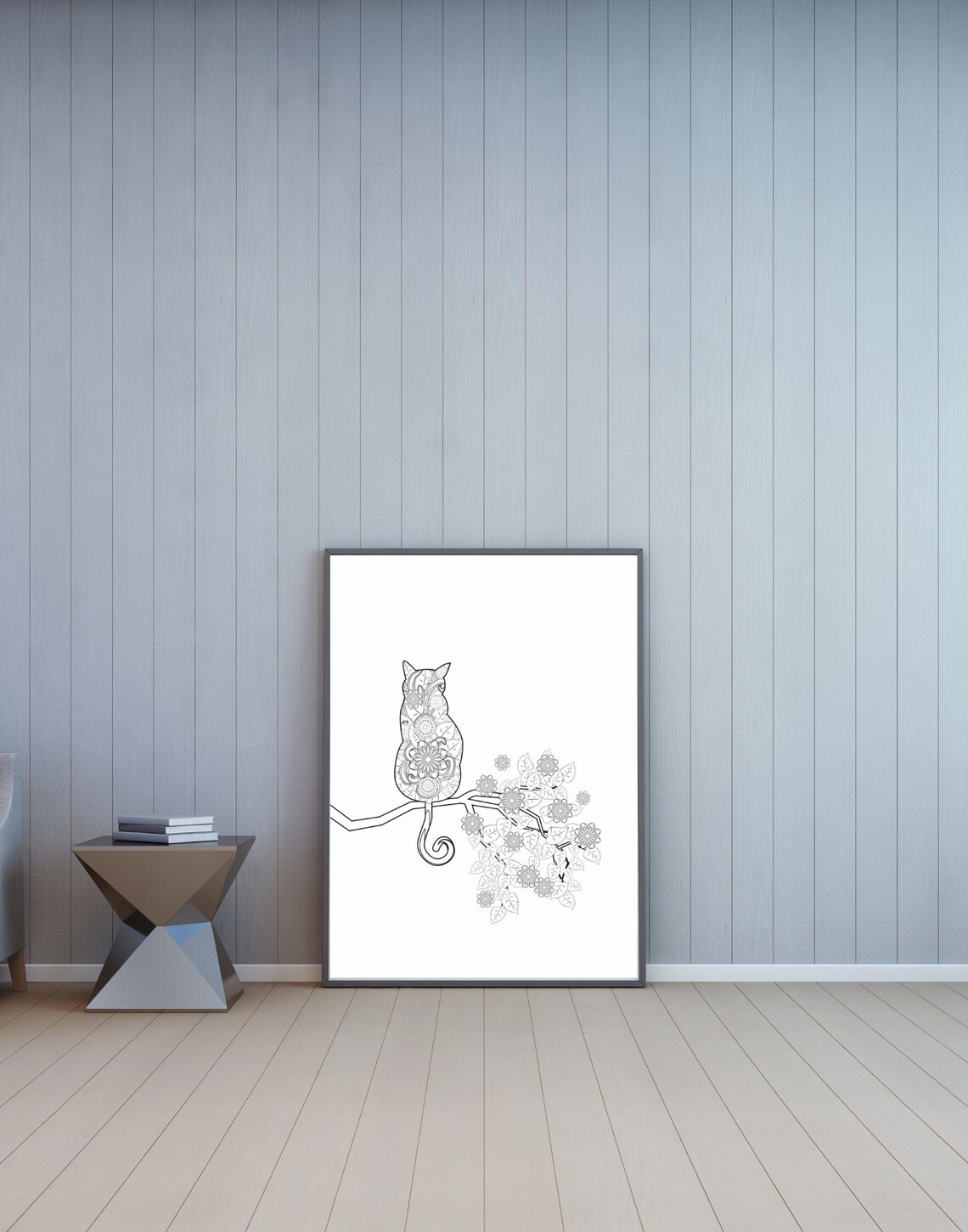 Mandala Cat on Flower Branch Detailed Zen Line Art Animal Poster - Image 2