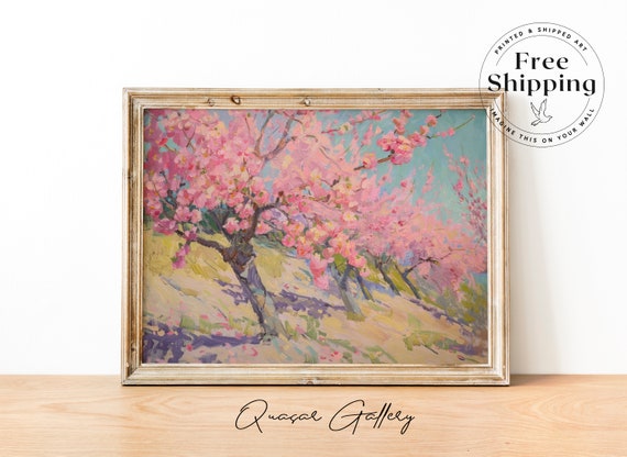 Spring Garden Print Original Art Pastel Pink Wall Print Cherry Blossom Art Whimsical Tree Art Peaceful Wall Art Soft Tonal Palette