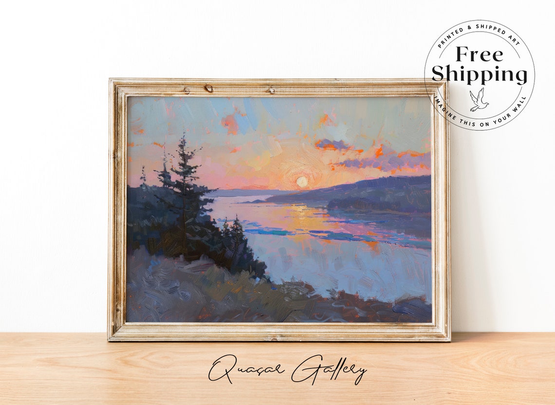 Sunset Lake Art Lake House Print Moody Landscape Art Moody Nature Print Lake Painting Landscape Painting Rural Lake Art