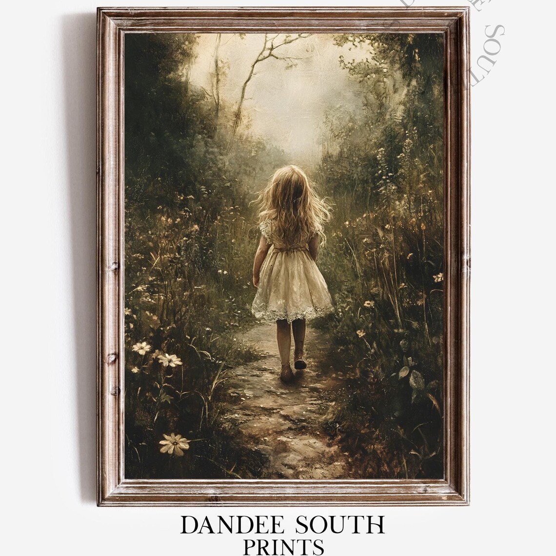 Little Girl Walking Forest Path Vintage Style Painting Wall Art