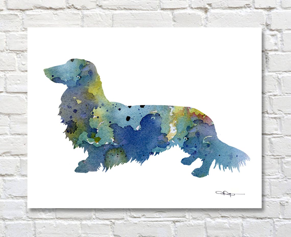 Blue and Teal Watercolor Long-Haired Dachshund Dog Walking Art Print