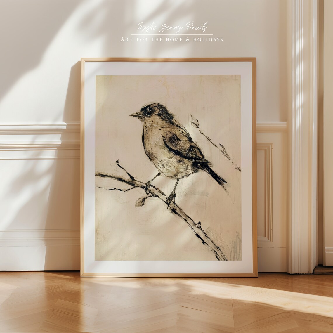 Songbird On Branch Loose Black Ink Wash Sketch Neutral Bird Art Print - Image 2
