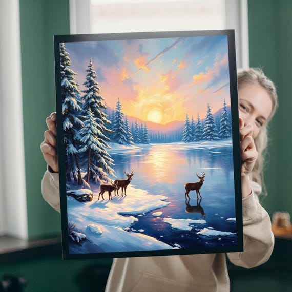 Winter Deer Landscape Poster Print
