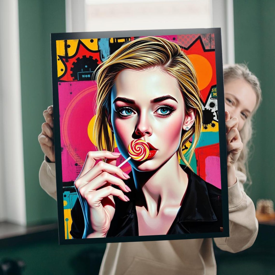 Pop Art Blonde Woman Lollipop Bold Comic Style Colorful Wall Poster