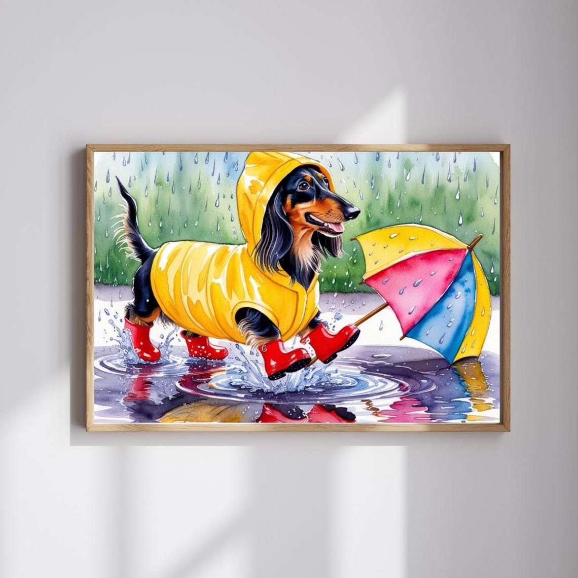 Happy Dachshund In Yellow Raincoat Splashing Puddles In Rain Poster