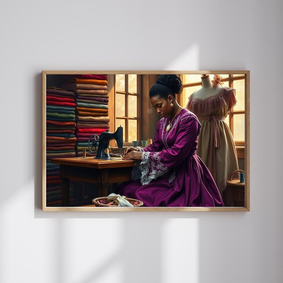Victorian Seamstress Sewing Machine Purple Gown Portrait Poster