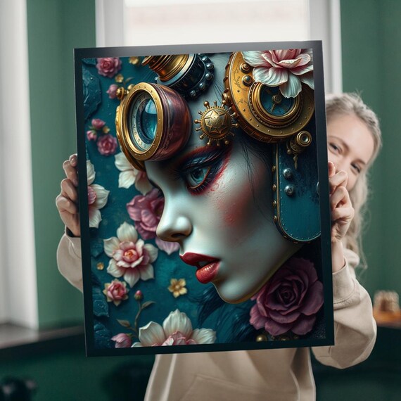 Steampunk Woman Portrait Brass Goggles Pink Roses Floral Poster