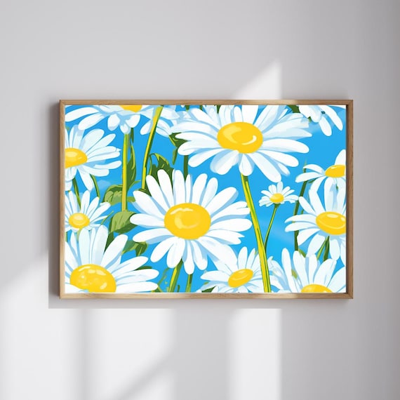 Sunny White Daisies Against Bright Blue Sky Floral Art Poster