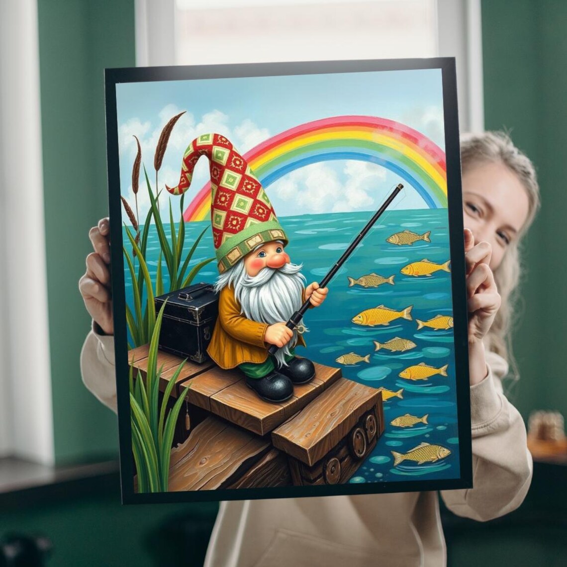 Fishing Gnome Rainbow Lake Golden Fish Whimsical Dock Storybook Wall Art