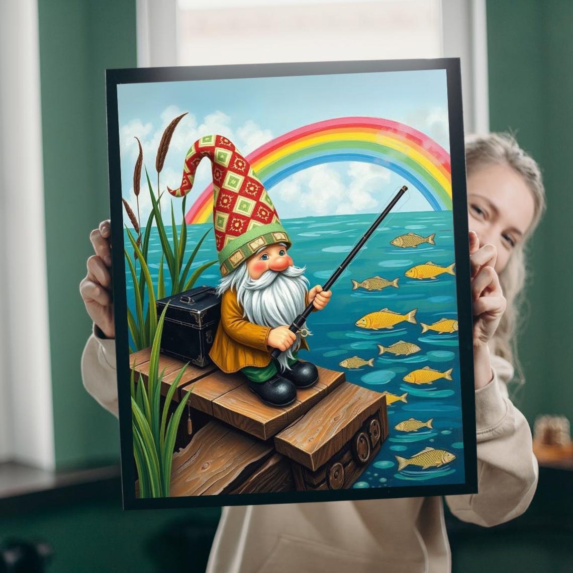 Gnome Fishing By Lake Whimsical Folk Art Lakeside Jigsaw Puzzle