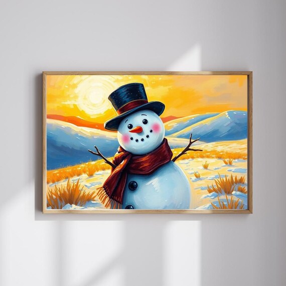 Cute Snowman Top Hat Red Scarf Sunset Winter Holiday Art Poster