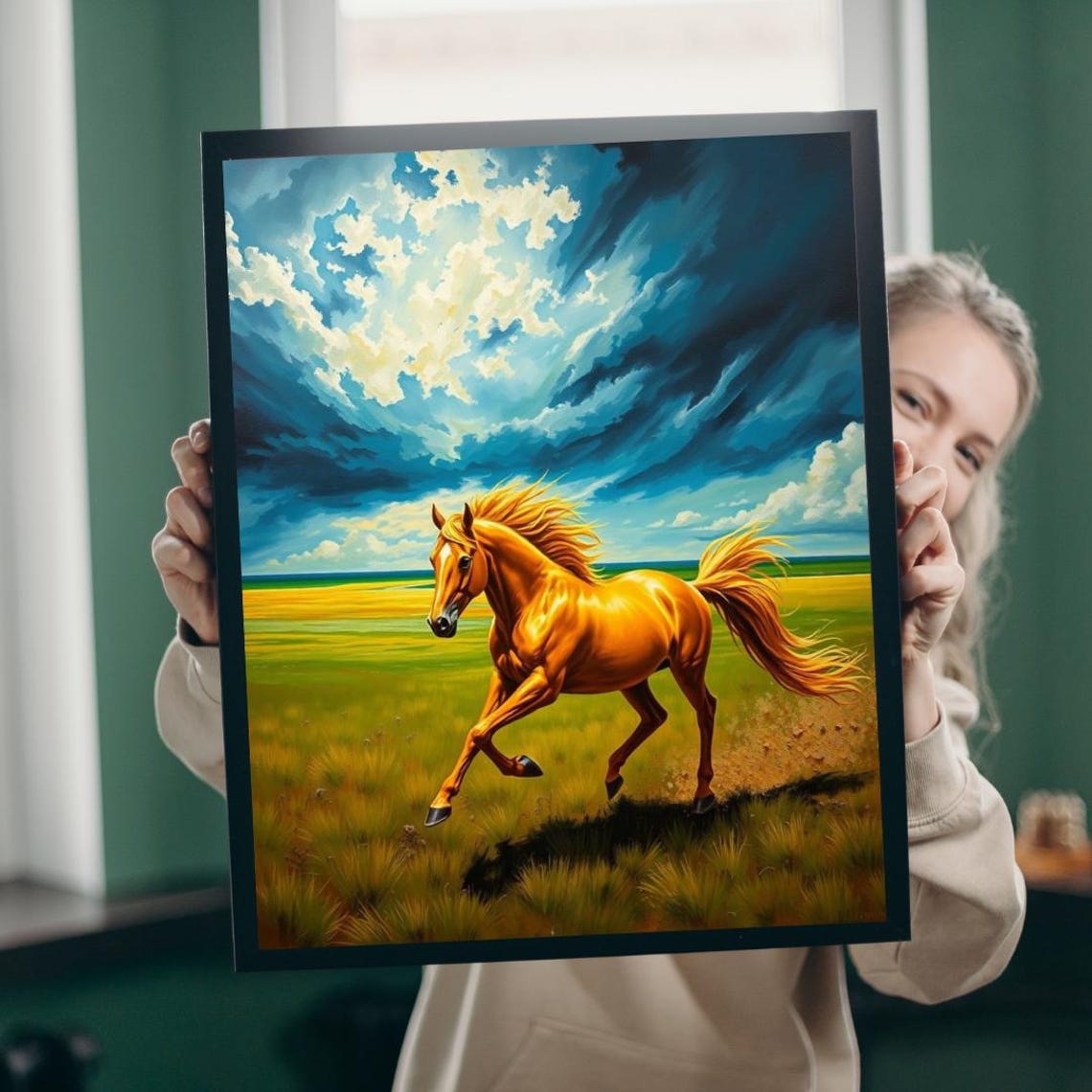 Golden Horse Galloping Across Prairie Dramatic Storm Sky Poster