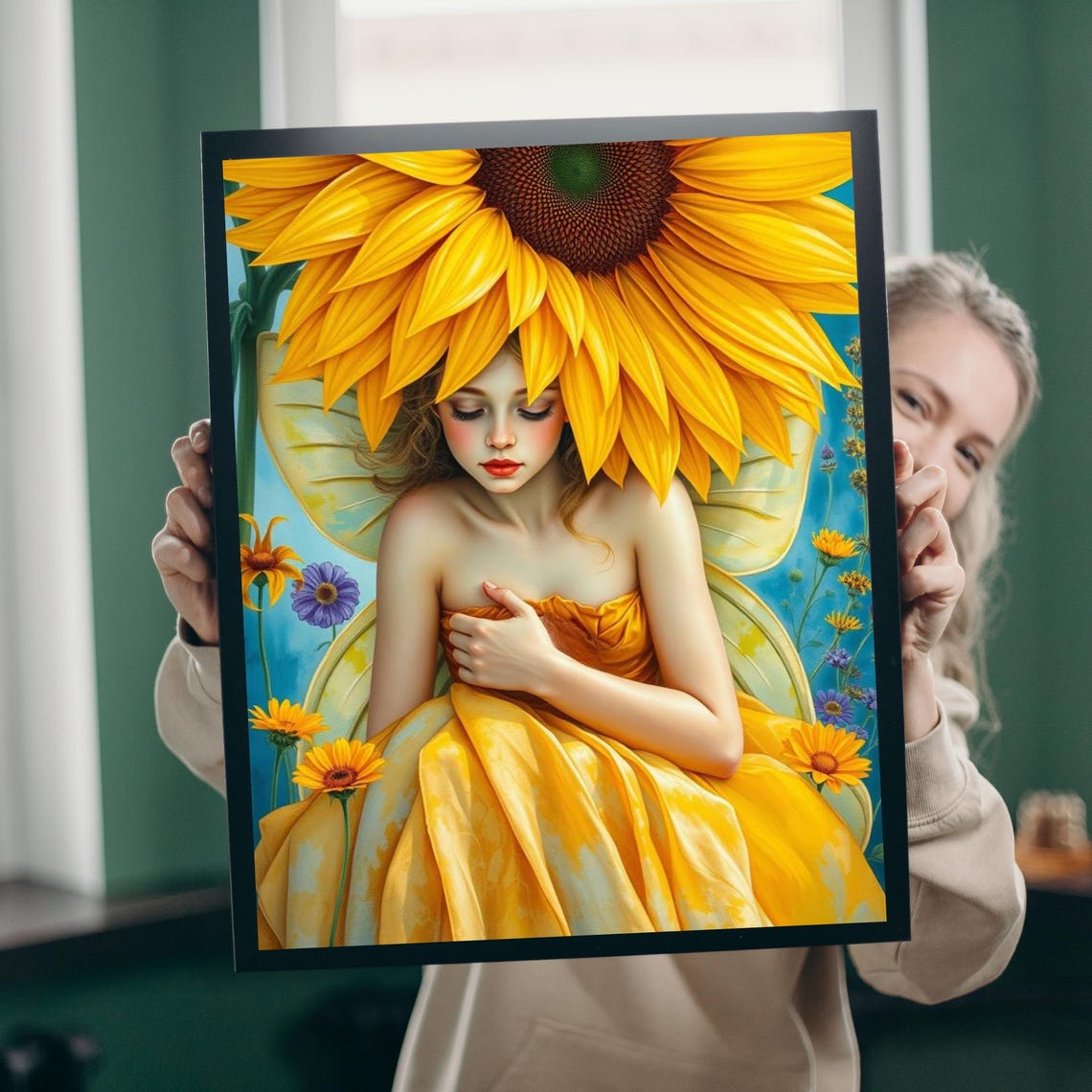 Sunflower Fairy In Yellow Gown With Giant Bloom Crown Art Poster