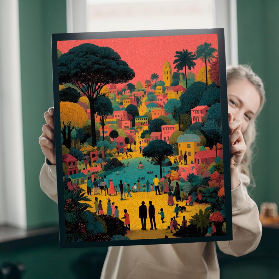 Afrocentric Cityscape Vibrant African Village Family Art Poster
