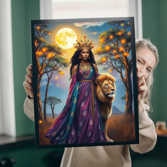 African Queen With Lion Under Full Moon Royal Fantasy Night Art Poster