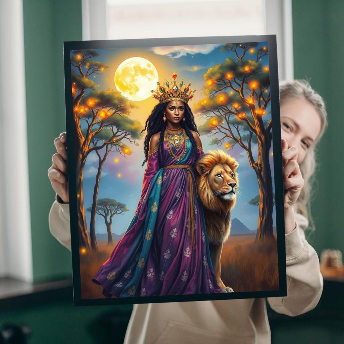 African Queen With Lion Under Full Moon Royal Fantasy Night Art Poster