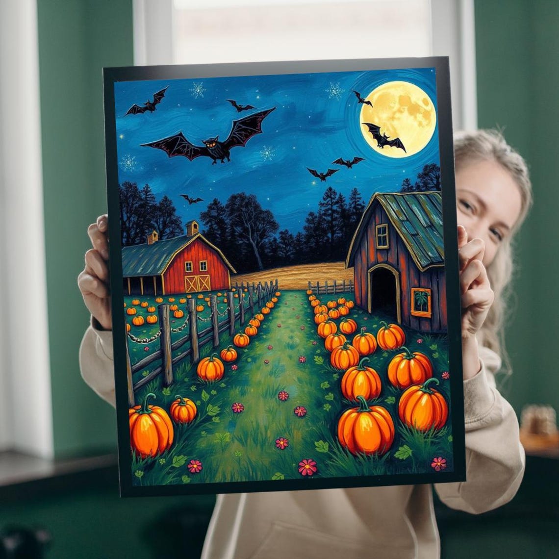 Haunted Pumpkin Patch Moonlit Farm Halloween Bats Scene Poster