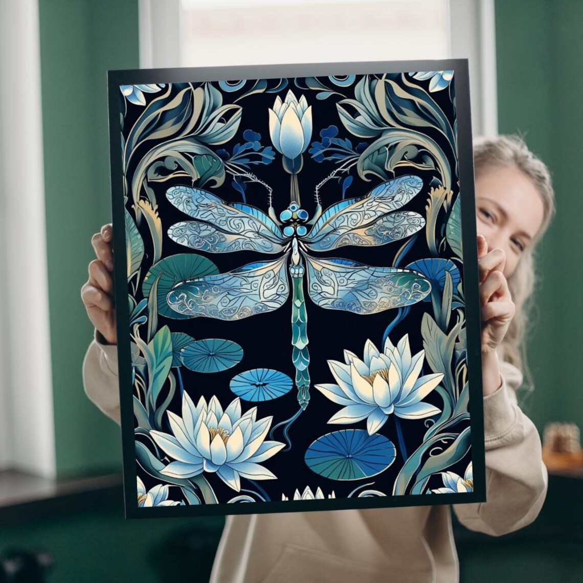 Dragonfly William Morris Floral Design, Poster Print