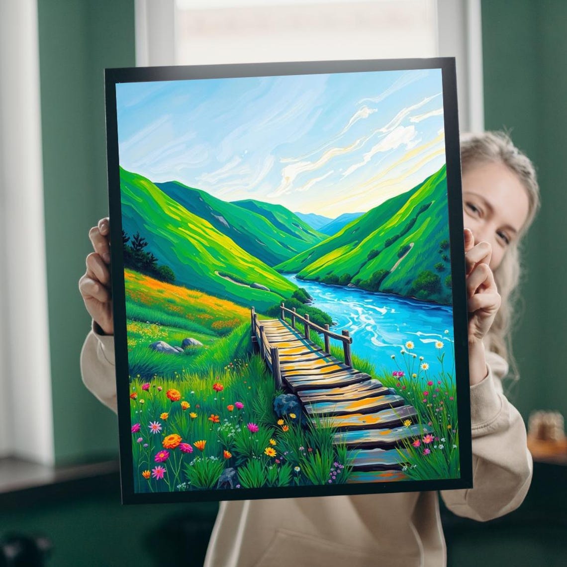 Green Valley Wooden Footbridge River Flowers Serene Fresh Poster