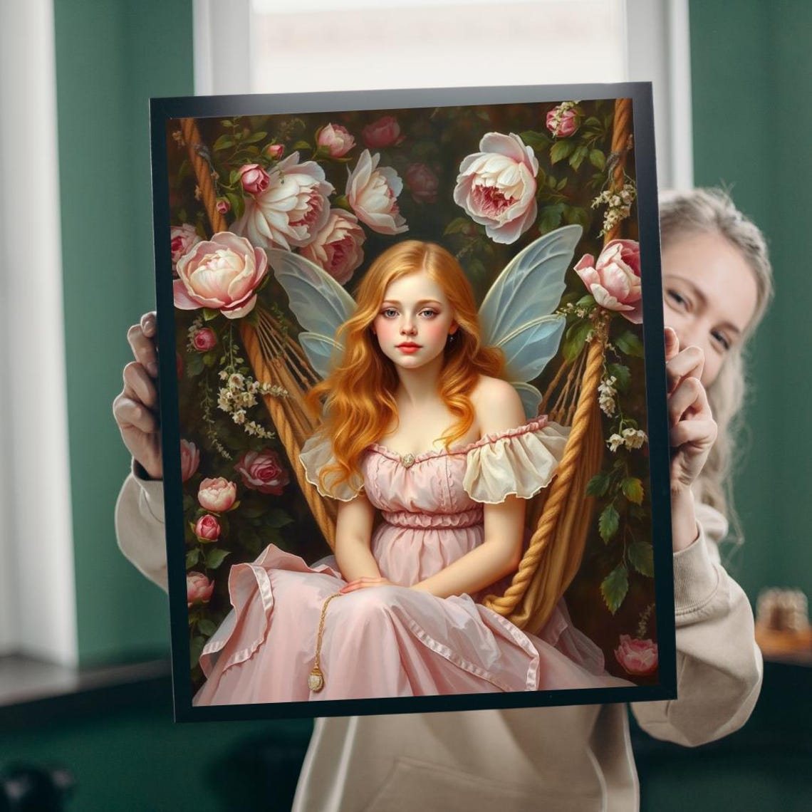 Fairy On Blooming Swing Surrounded By Pink Peonies Fantasy Poster