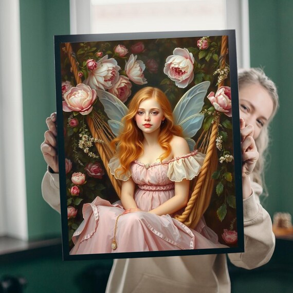 Fairy On Blooming Swing Surrounded By Pink Peonies Fantasy Poster