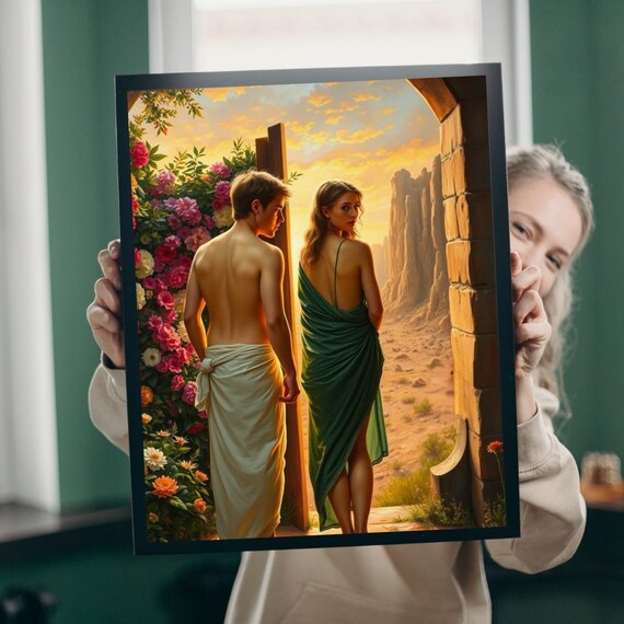 Adam and Eve Leaving Garden of Eden Biblical Story Sunset Art Poster