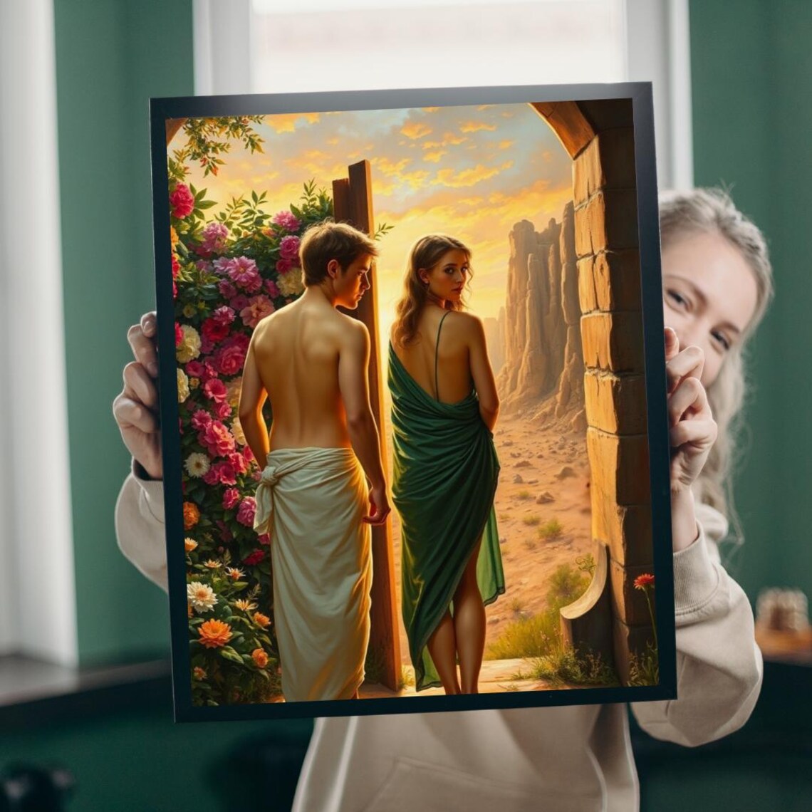 Adam and Eve Leaving Garden of Eden Biblical Story Sunset Art Poster