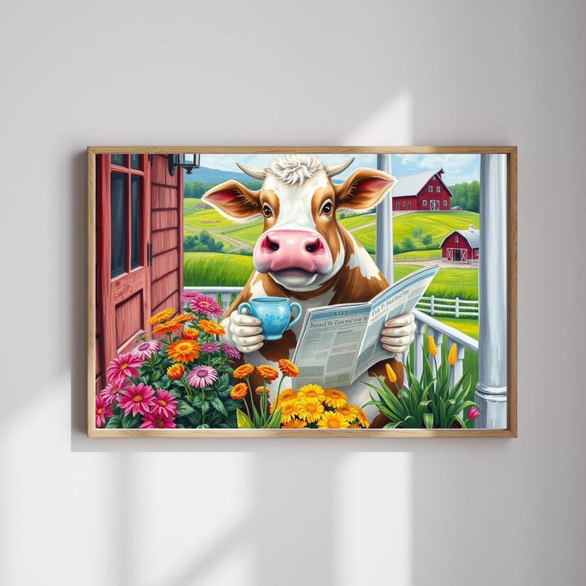 Funny Cow Reading Newspaper Coffee Farm Porch Morning Humor Poster