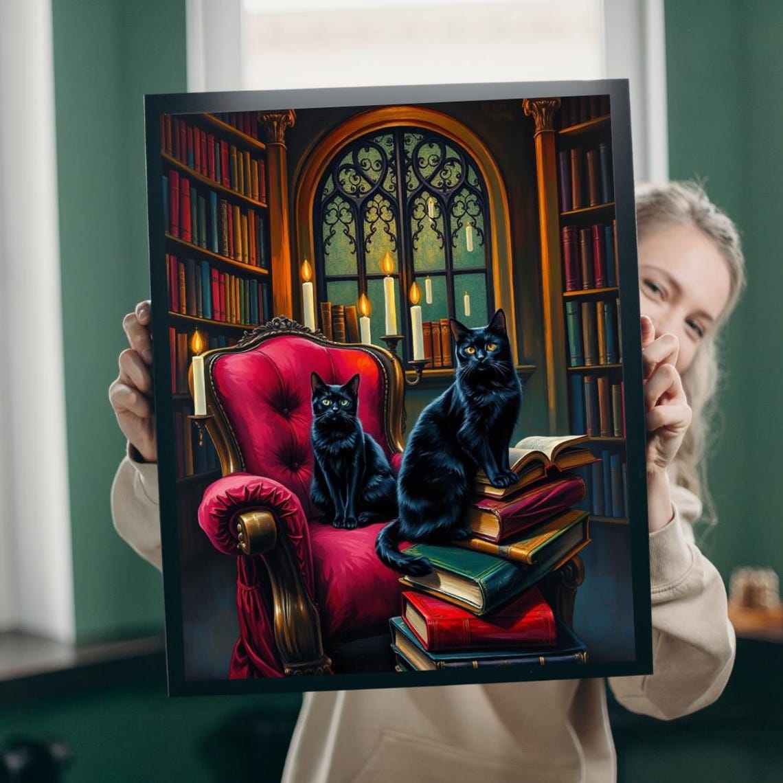 Black Cats Gothic Library Candlelit Books Red Armchair Cozy Art Poster