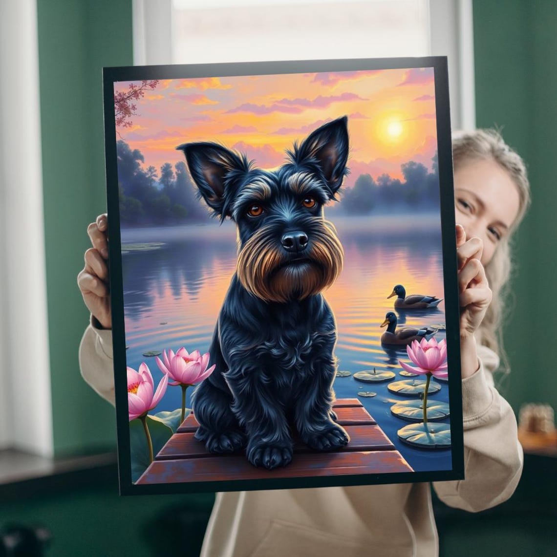 Miniature Schnauzer Sitting On Dock At Sunset Lake Lotus Poster