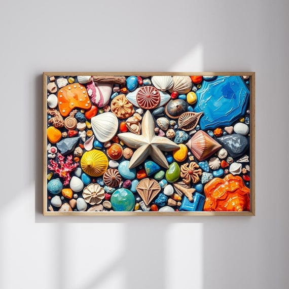 Colorful Seashell and Starfish Mosaic Coastal Collage Art Poster