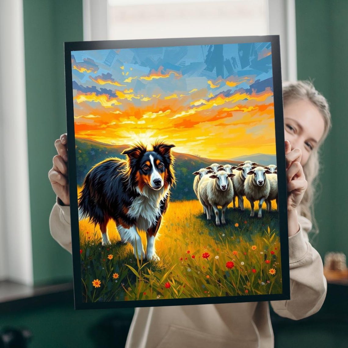Australian Shepherd Herding Sheep In Golden Meadow Sunset Poster