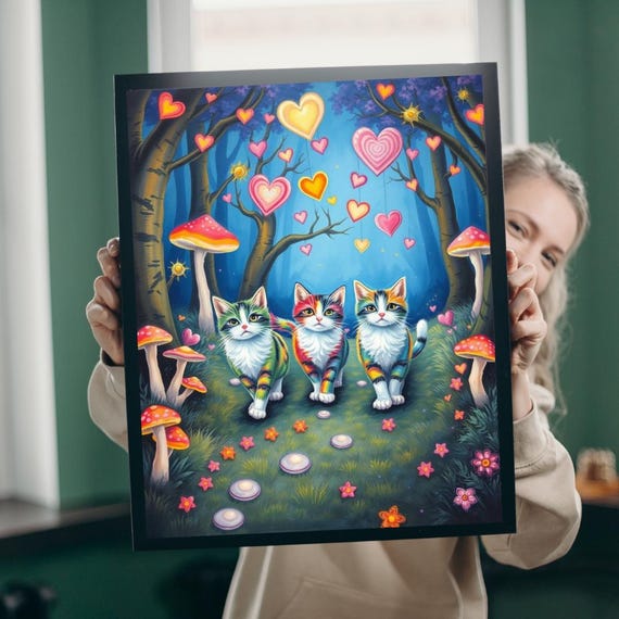 Three Colorful Cats Heart Forest Mushroom Magic Whimsical Art Poster