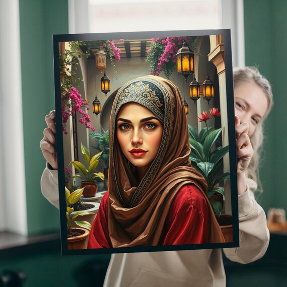 Woman in Hijab with Lanterns in Middle Eastern Courtyard Portrait Poster