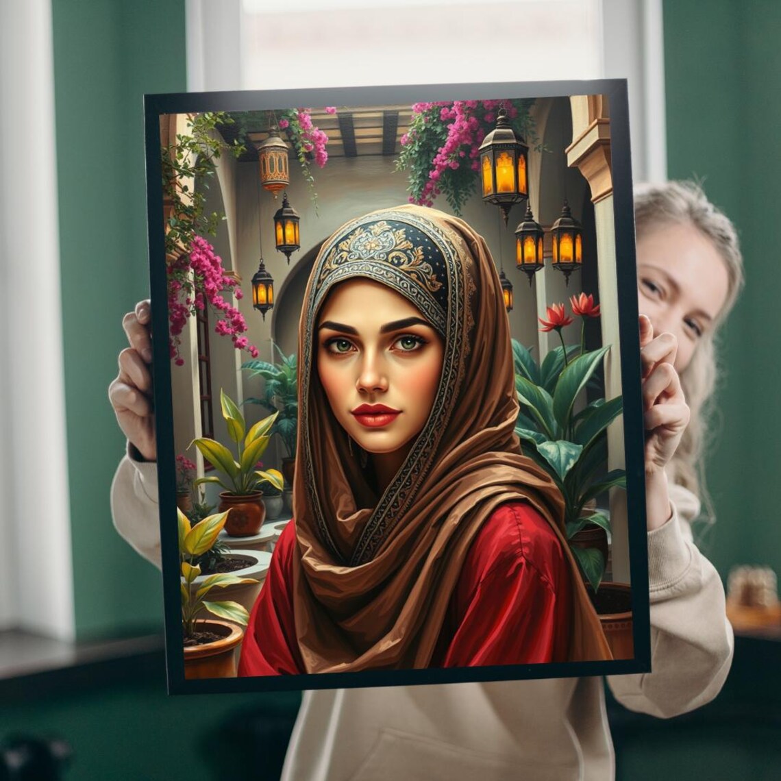 Woman in Hijab with Lanterns in Middle Eastern Courtyard Portrait Poster