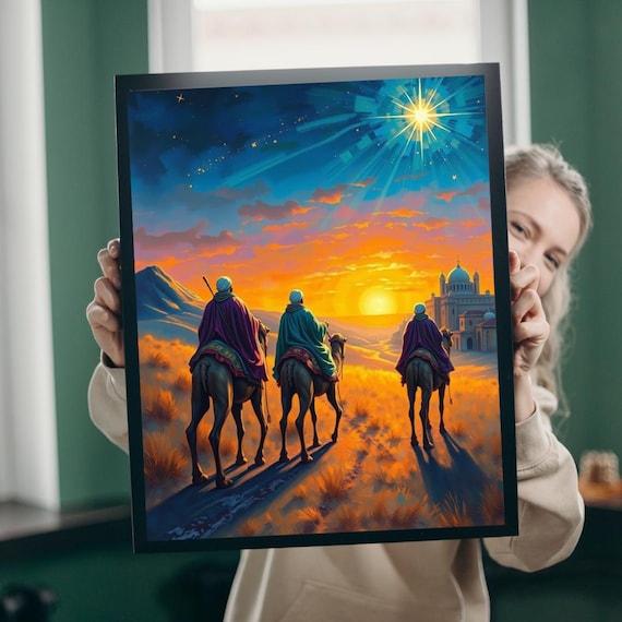 Three Wise Men on Camels Bethlehem Star Sunset Nativity Scene Poster