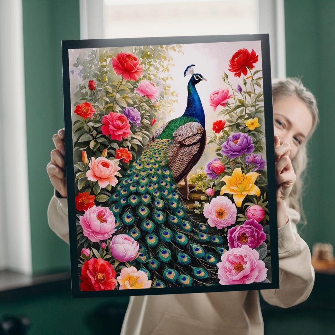 Peacock With Peonies Watercolor Floral Garden Bird Art Print