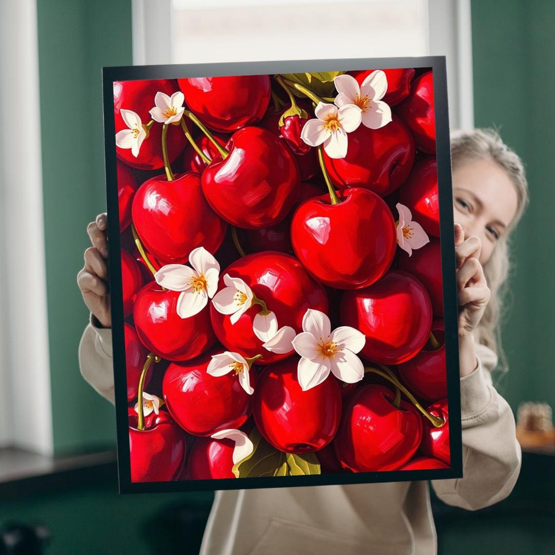 Glossy Red Cherries With White Blossoms Fruit Painting Poster