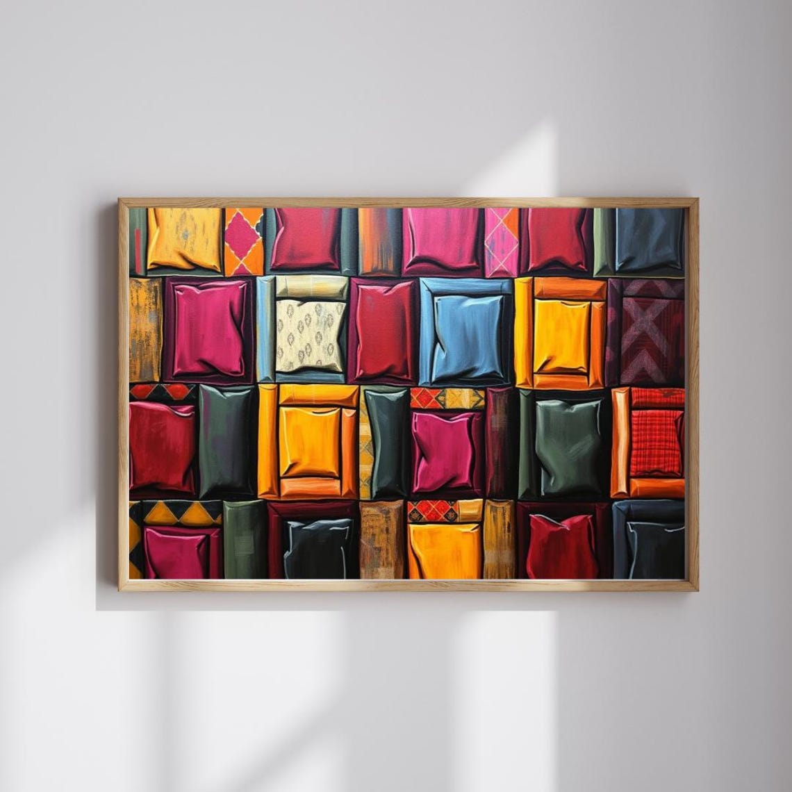 Colorful Quilted Pillow Squares Patchwork Leather Grid Modern Wall Art