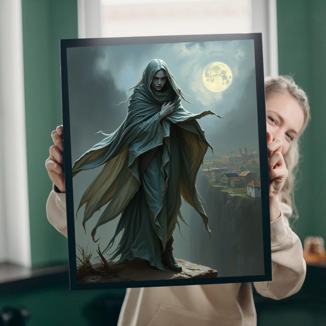 Gothic Banshee Moonlit Cliff Village Ethereal Fantasy Art Poster