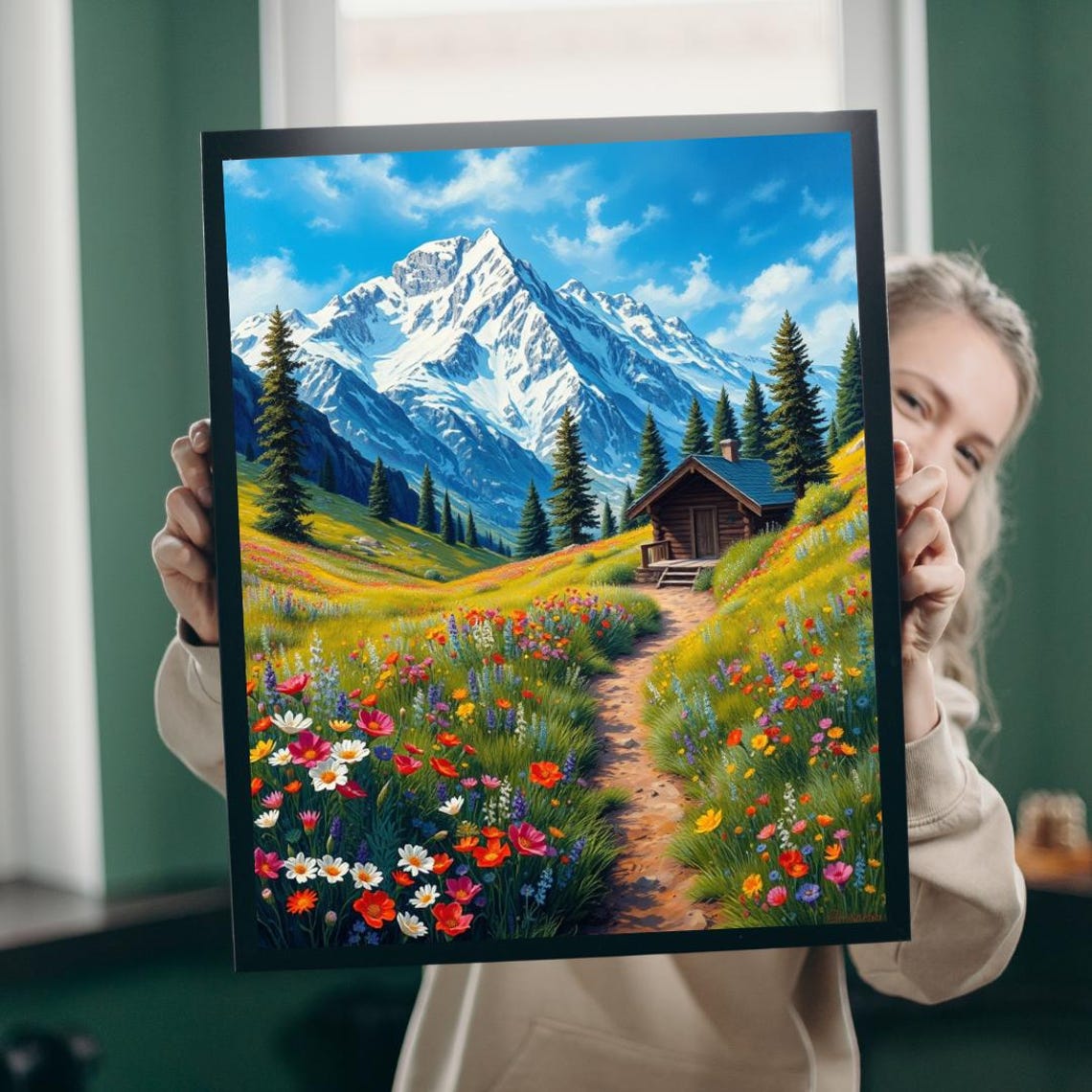 Mountain Cabin Wildflower Meadow Peak Landscape Scenic Poster