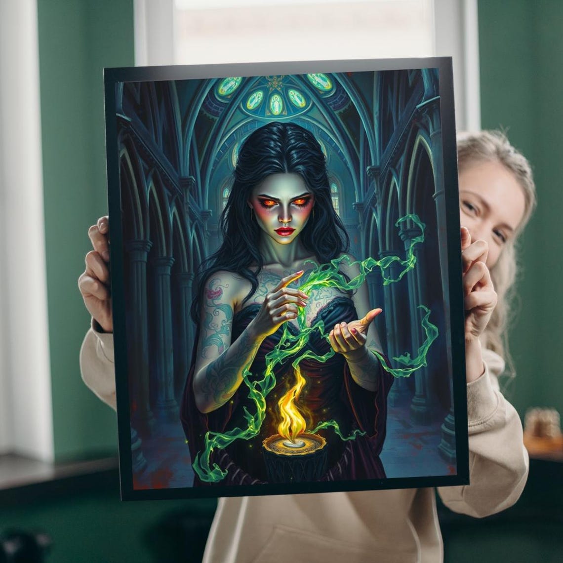 Dark Sorceress Green Magic Candle Cathedral Gothic Art Poster