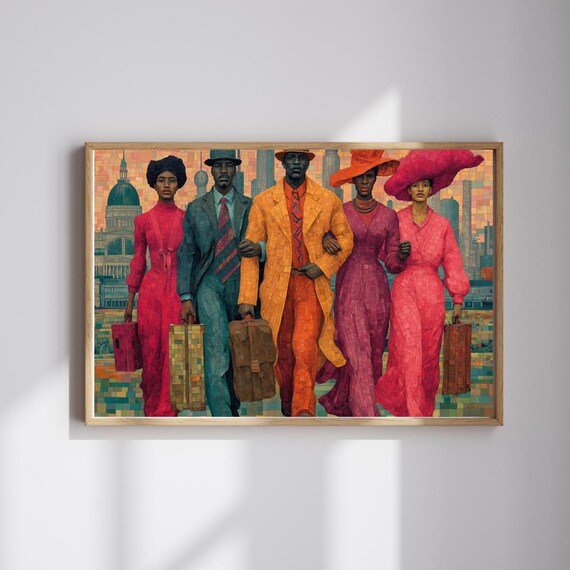 Black Migration Family City Arrival Vibrant Mosaic Style Art Poster
