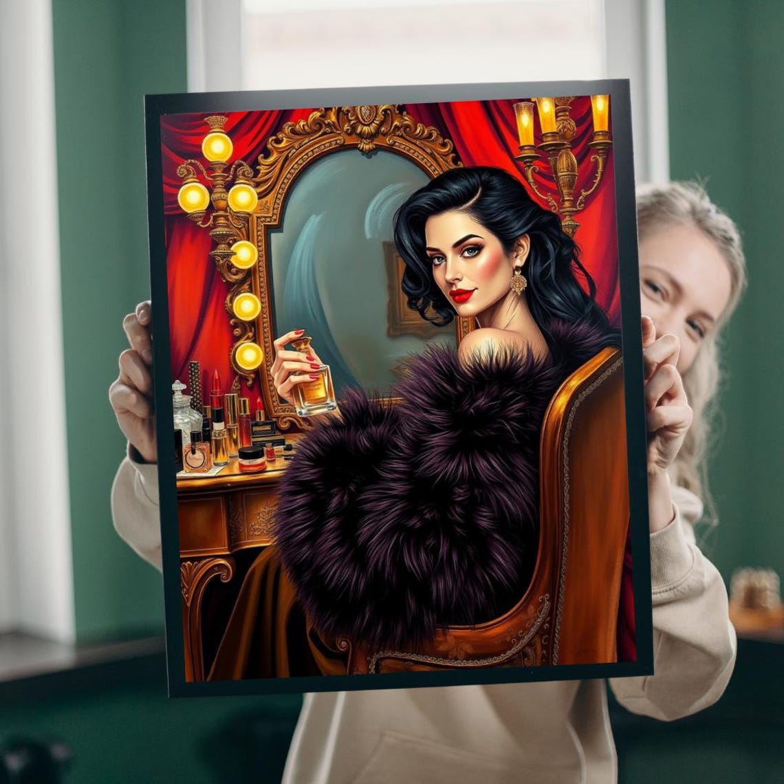 Vintage Hollywood Glamour Woman at Vanity Mirror Beauty Poster