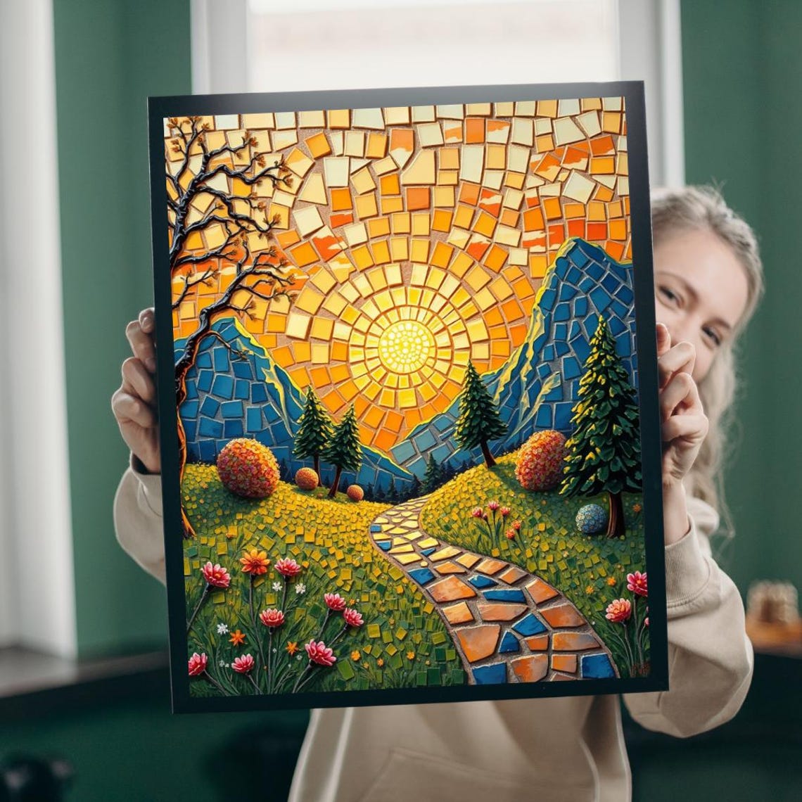 Mosaic Sun Mountain Valley Path Floral Tile Art Landscape Poster