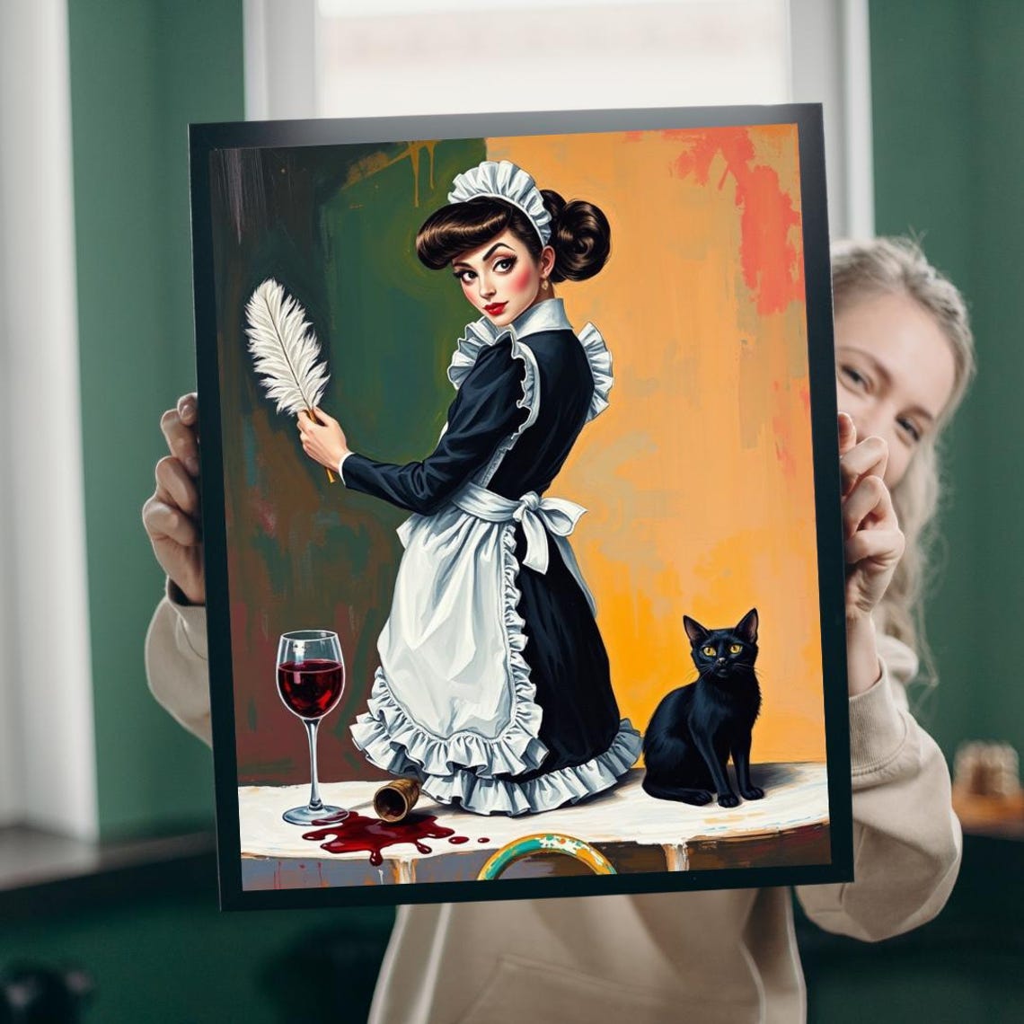Vintage Maid Feather Duster Black Cat Retro Fun Gift Decor Poster